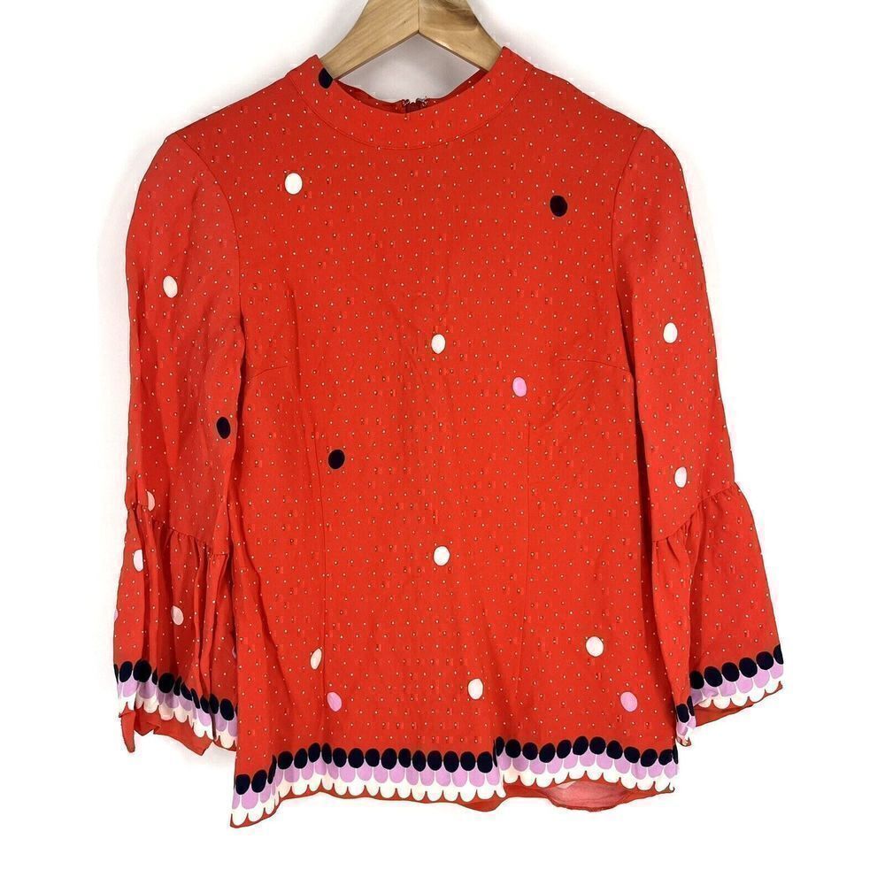 Boden Shirt Size 2 Womens Red White Navy Armelle Spot Polka Dot Top Bell Sleeve